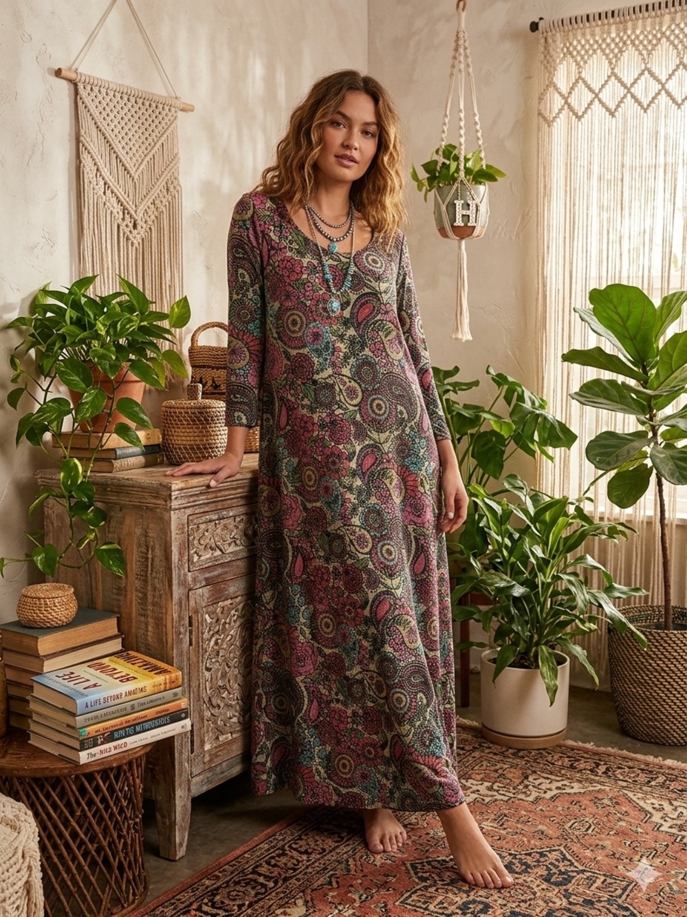 NATURAL LIFE Pink, Green & Blue Paisley Floral Long Sleeve Midi Dress